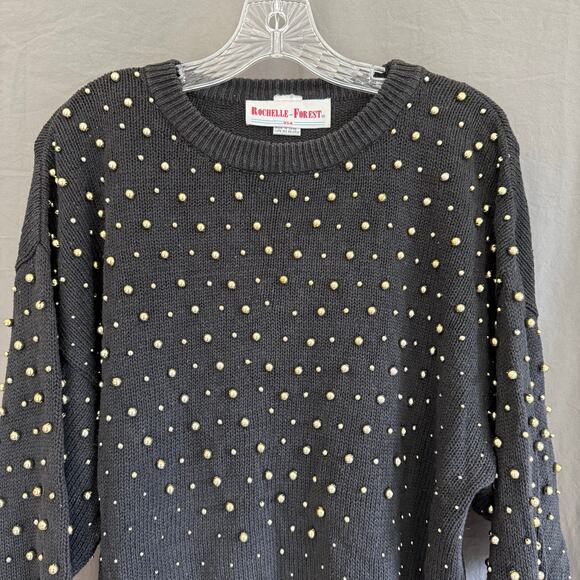 Vintage Rochelle-Forest Black Sweater Gold Stud Beads Ramie Cotton L - Picture 3 of 16